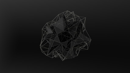 3D illustration of a black crystal of irregular shape, low polygonal abstract figure, on a black background. Futuristic design. 3D rendering