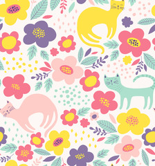 Cute floral pattern with cats. Colorful flower vector background. 