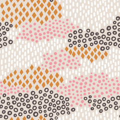 Hand drawn abstract vector pattern with doodle geometric shapes. Circles, dots, diamond, lines, strokes. 