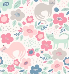 Foto op Canvas Cute floral pattern with cats. Spring flower vector background in delicate pastel colors. © mgdrachal