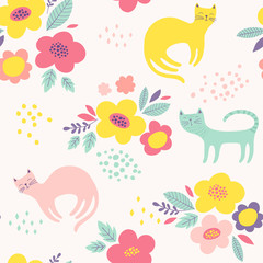 Cute vector pattern with flowers and cats. Seamless floral background. 