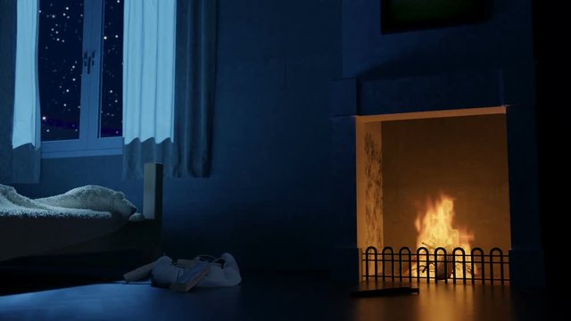 Animation Schlafzimmer in der Nacht mit Kaminfeuer.