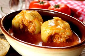Yellow peppers stuffed with meat and rice
