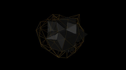 3D illustration of a metal crystal of irregular shape, low polygonal abstract figure, on a black background. Futuristic design. 3D rendering