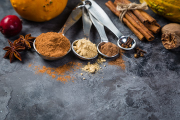 Pumpkin pie spices in measuring cups, rustic background