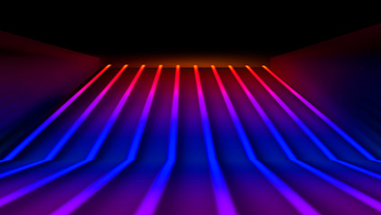 Background of an empty room at night with smoke and neon light. Dark abstract background. Background of an empty show scene. 