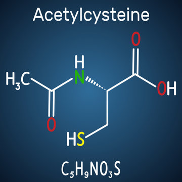 Acetylcysteine (N-acetylcysteine, NAC) drug molecule. Structural chemical formula and molecule model on the dark blue background