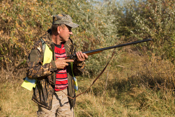 Fototapeta premium Hunter with a german drathaar and spaniel, pigeon hunting with dogs in reflective vests 