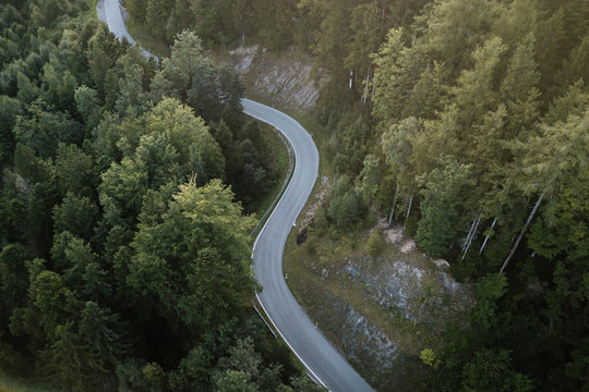 Asphalt road in forest from above