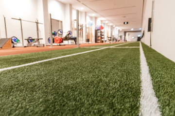 Artificial grass in the sport hall with the gym in background