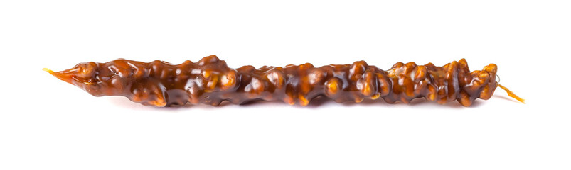 Tasty oriental sweets, churchkhela on  white background. Georgian national dessert