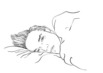 Sketch of handsome man laying in bed with sleepy open eyes, Hand drawn vector linear illustration