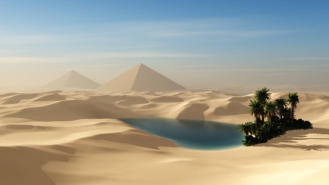 Oasis in the sandy desert against the backdrop of the pyramids