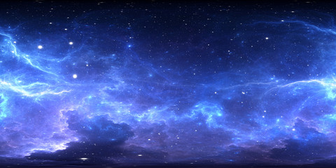 360 Grad interstellare Wolke aus Staub und Gas. Weltraumhintergrund mit Nebel und Sternen. Glühender Nebel, gleichwinklige Projektion, Umgebungskarte. Sphärisches HDRI-Panorama
