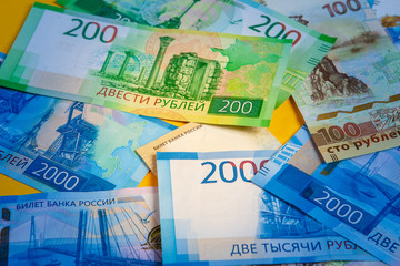 Money of Russia. Money scattered on the table. Russian Federation.
