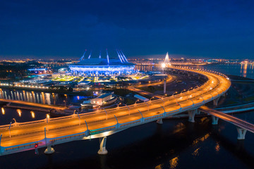 Saint Petersburg. Krestovsky Island. Panorama of St. Petersburg. Vasilyevsky Island. Petersburg at night. Neva River. Russian cities.