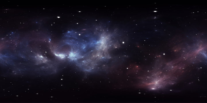 360 degree interstellar cloud of dust and gas. Space background with nebula and stars. Glowing nebula, equirectangular projection, environment map. HDRI spherical panorama