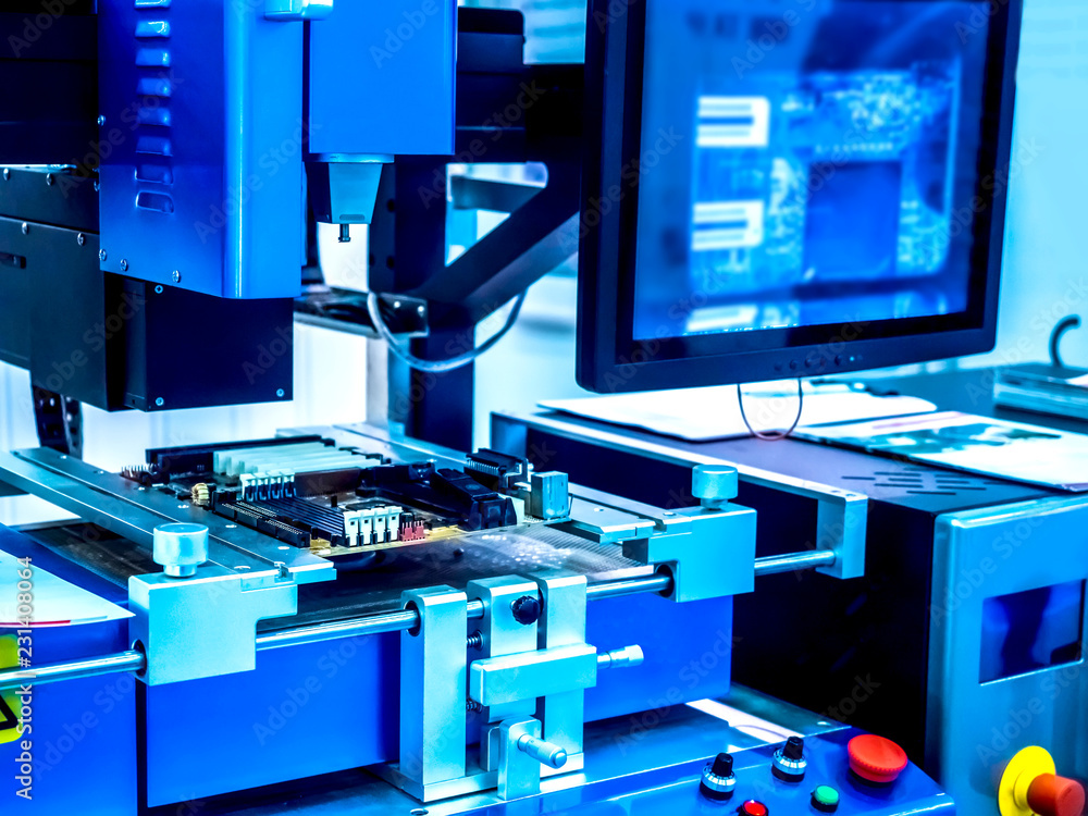 Poster development of electronic boards. robot solders electronic components. robotics. automation of produ