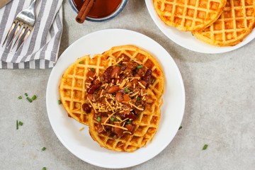 Homemade Cornbread Waffles served with Chili / Thanksgiving breakfast