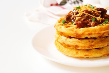 Obraz na płótnie Canvas Homemade Cornmeal Waffles with Chili beef / Thanksgiving breakfast