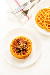 Homemade Cornmeal Waffles with Chili beef / Thanksgiving breakfast