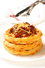 Homemade Cheddar Cornbread Waffles served with Chili /Thanksgiving breakfast