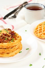 Homemade Cheddar Cornbread Waffles served with Chili /Thanksgiving breakfast