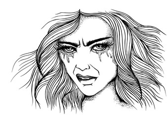 Hand drawn vector illustration. Portrait of a young angry girl isolated on white background. Comic style