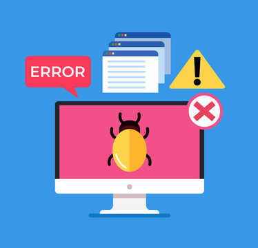 Laptop computer pc with virus bug error windows interface. Internet crime concept. Vector flat cartoon isolated graphic design illustration