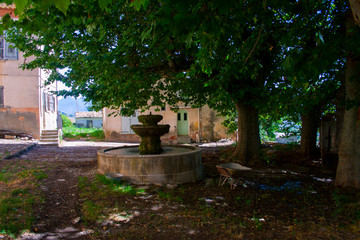 Villaggio abbandonato nel sud della Francia. Fontana e platani verdi.