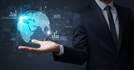 Businessman handing transparent global information flow concept on his hand