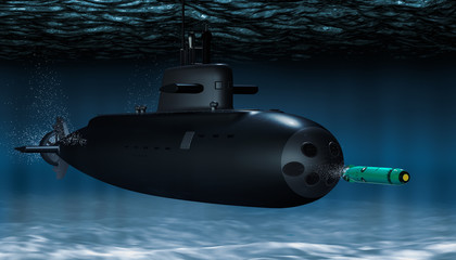 Submarine with torpedo underwater, 3D rendering