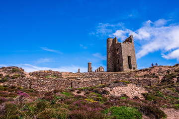 Obraz premium Stamps and wheel engine house ruins Wheal Coates mine on cliffs near St. Agnes, Cornwall, UK