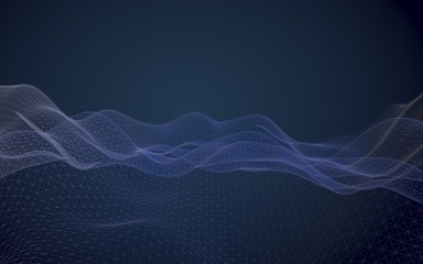 Abstract landscape on a dark background. Cyberspace navy blue grid. Hi-tech network. 3D illustration