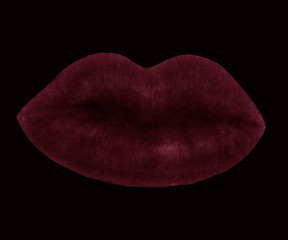 Watercolor hand drawn dark red lips isolated on black background 