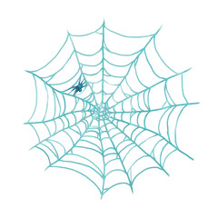 A watercolor hand drawn blue spider with a cobweb. Isolated at white background. 