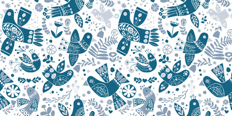 Vector folk christmas blue birds seamless pattern.