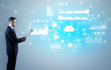 Adviser standing and presenting economical results and report of a multinational company
