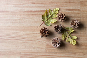 pine cones on wooden background