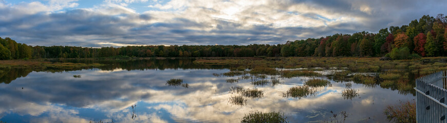 Fototapeta premium Puffy blue and white clouds are reflected in the still, mirror-like surface of a Virginia marshland. Meanwhile, green, orange, and red leaves adorn the trees in a surrounding forest. 