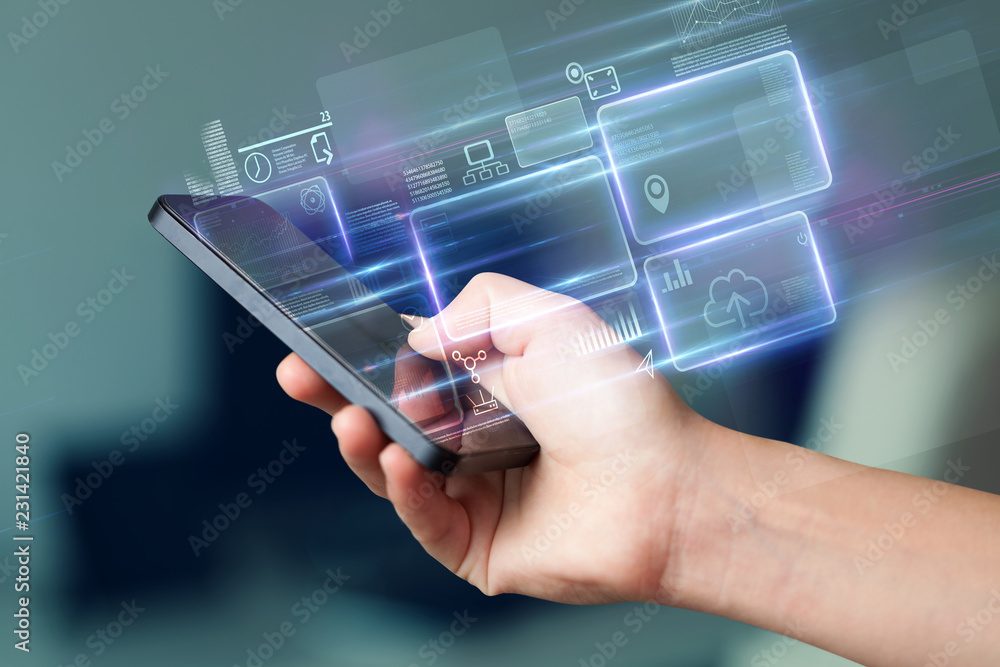 Poster hand using phone with database reports and online work concept