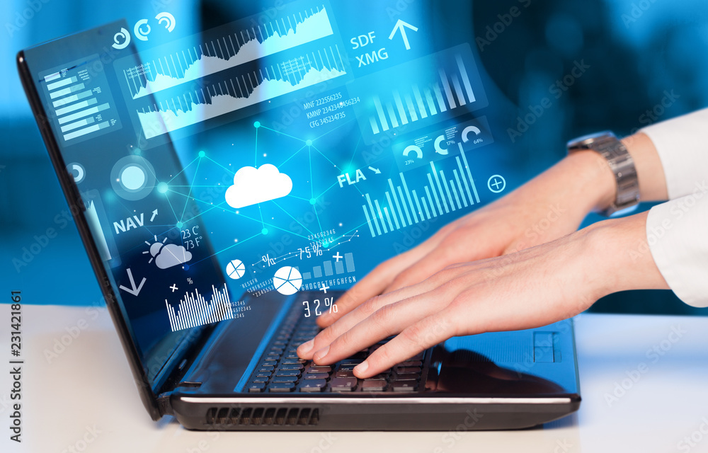 Poster hand using laptop with cloud technology and linked information concept