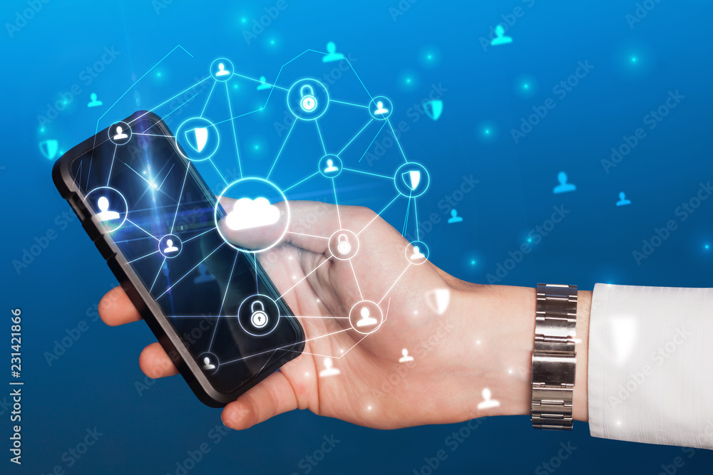 Leinwandbilder hand using phone with centralized cloud computing system and network security concept