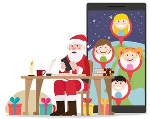 Smiling Santa sitting in his chair planning his road with presents for all good kids - vector flat design illustration