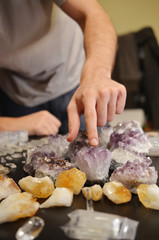 Natural Amethyst out in nature, in the grass. Spring time colors, bright and fresh. Crisp photography of Premium quality amethyst healing slab. Deep coloring, dark purple. Multiple terminations.