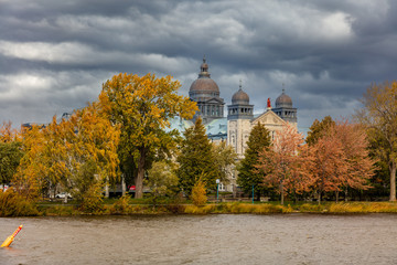 Lachine lakeshore showing the Paroisse Saints-Anges and the Collégial international Sainte-Anne...