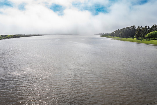 Mataquito river mouth on the way to exit to the Pacific Ocean, an amazing landscape view surrounded by trees and the mist coming from the sea called "Camanchaca". A fantasy world on Earth. Chile
