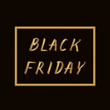 Gold lettering Black Friday hand written with brush. Grunge style drawing on black background. Seasonal sale banner.