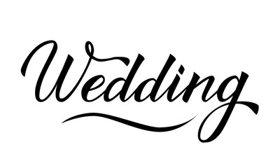 Writing Wedding isolated on white. Hand written with brush calligraphy lettering.