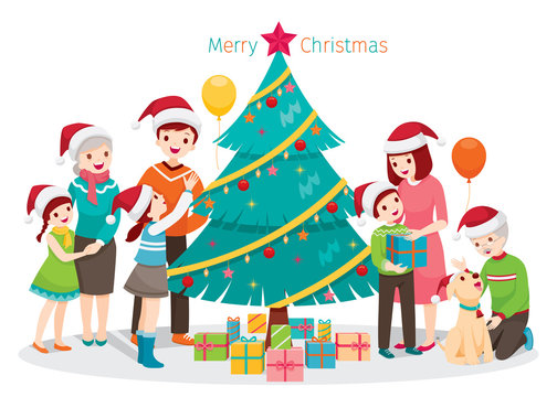 Big Happy Family, Christmas Tree and Gifts, Holiday Party at Home, New Year, Xmas, Animals, Festive, Celebrations